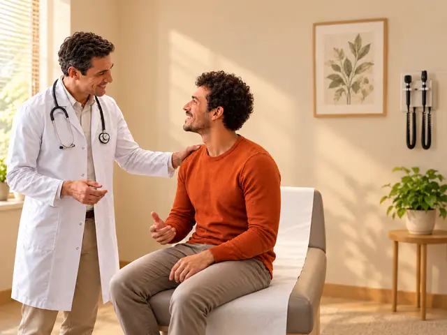 A male doctor talking with a patient in a warm private practice exam room